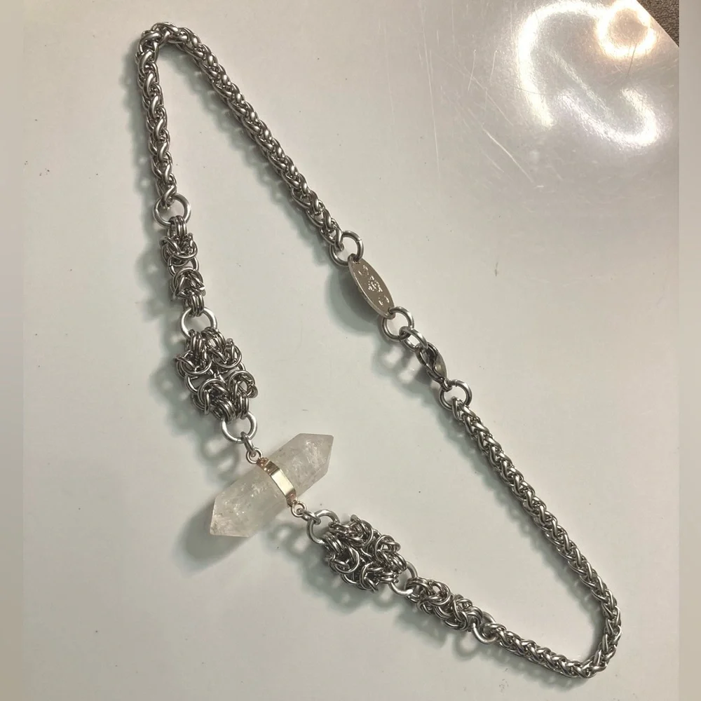 Genuine Double point clear crystal quartz maille silver boho choker necklace . - Picture 7 of 12